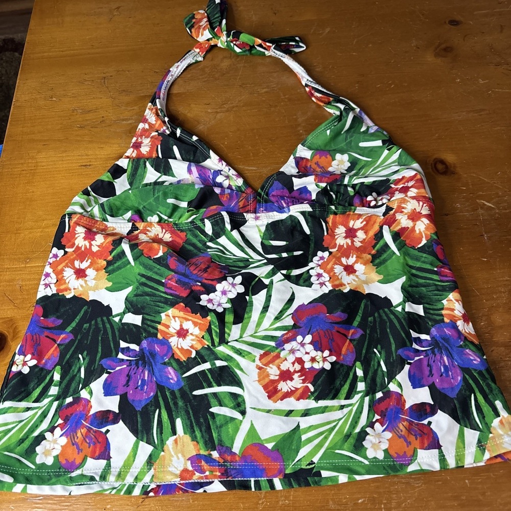 Catalina Tankini Swim Top Halter Womens Large 14/16 Tropical Floral Grn Orange